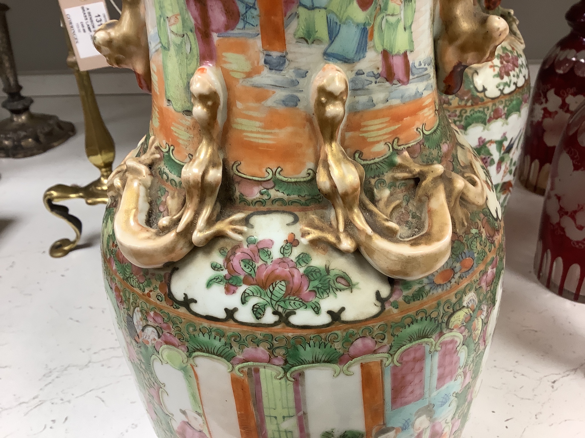 A pair of 19th century Chinese famille rose vases, height 36cm